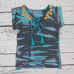 Jak & Peppar girls boho chic gray aqua short sleeve tie-dye tank shirt top 16 14